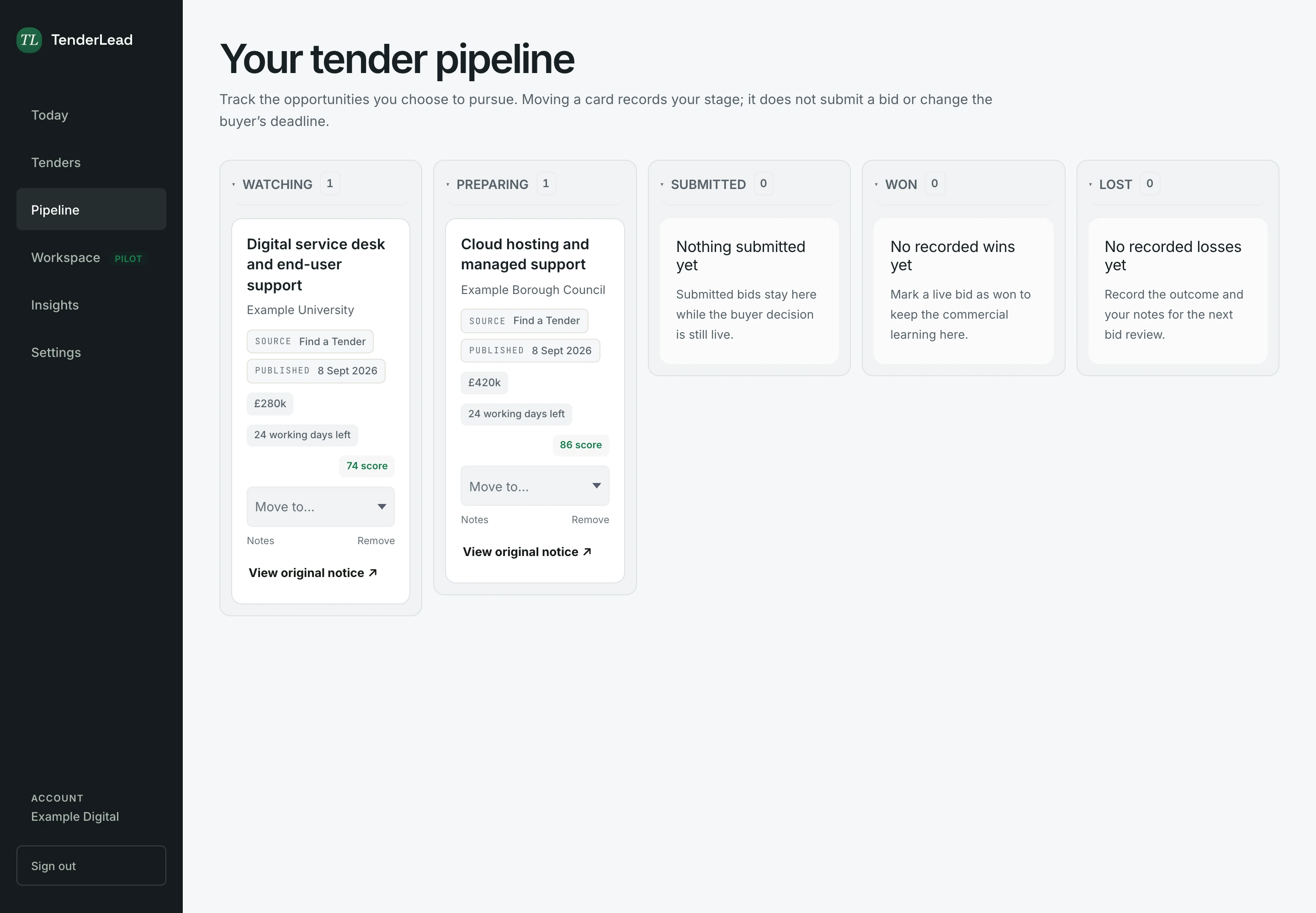 TenderLead pipeline with opportunities grouped by their current stage.