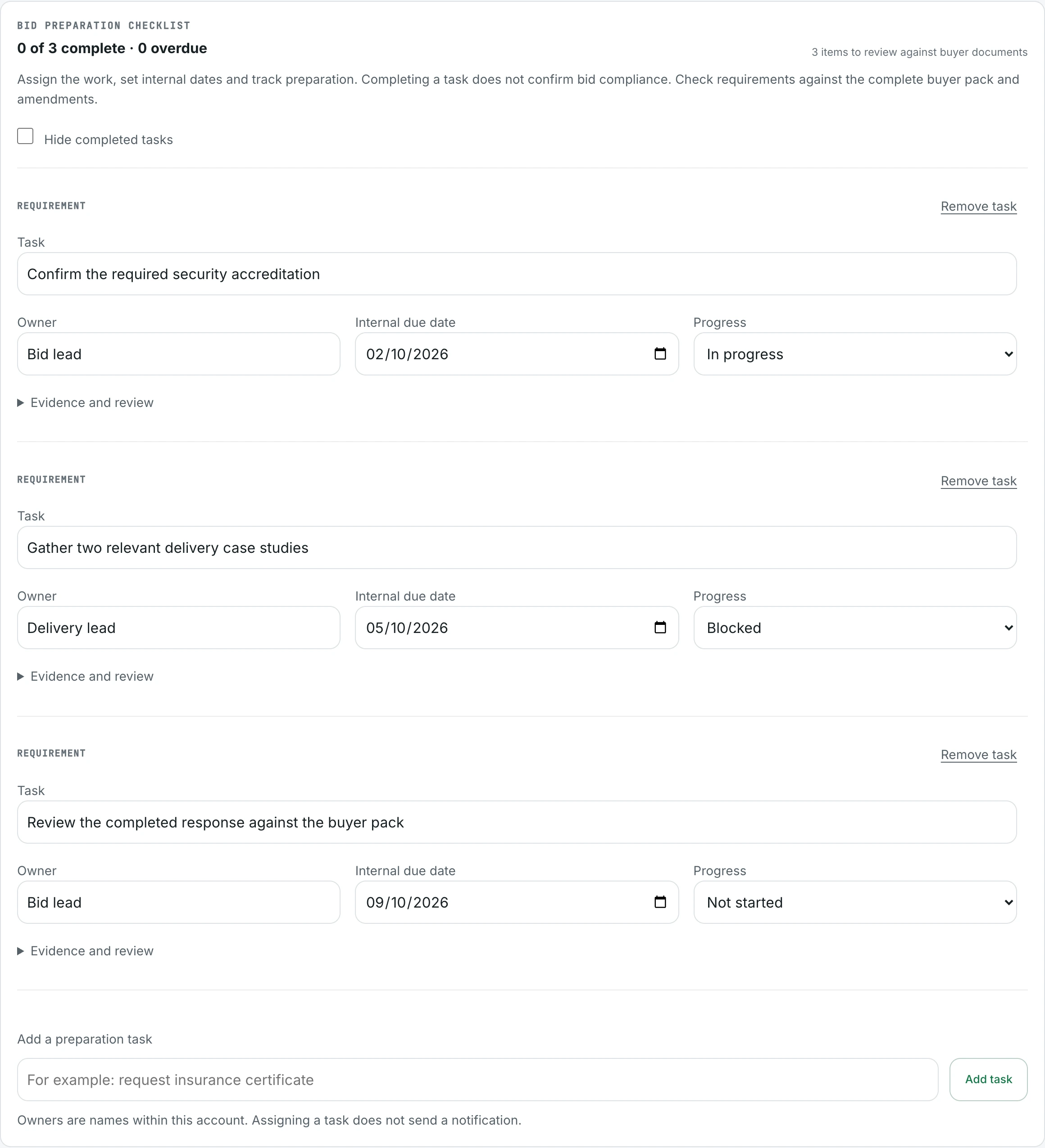 TenderLead preparation checklist with example tasks, owners, dates and progress controls.